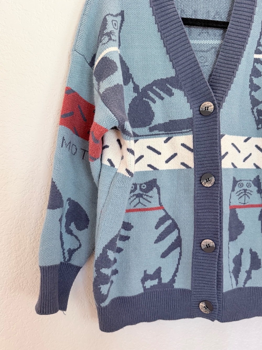 Alicedudu Balmy Cat Oversized Cardigan Sweater Size L Blue Cat Print Colorblock - Picture 3 of 8